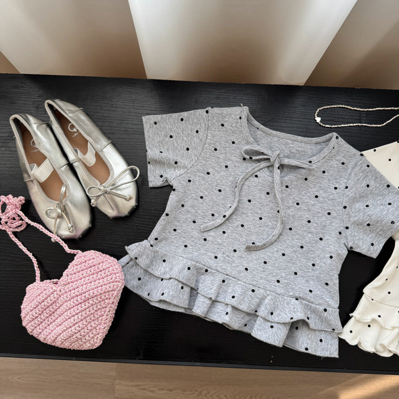 Children's Summer Korean Style Polka Dot Ruffled Short Sleeves Sweet Fresh Children's T-shirt