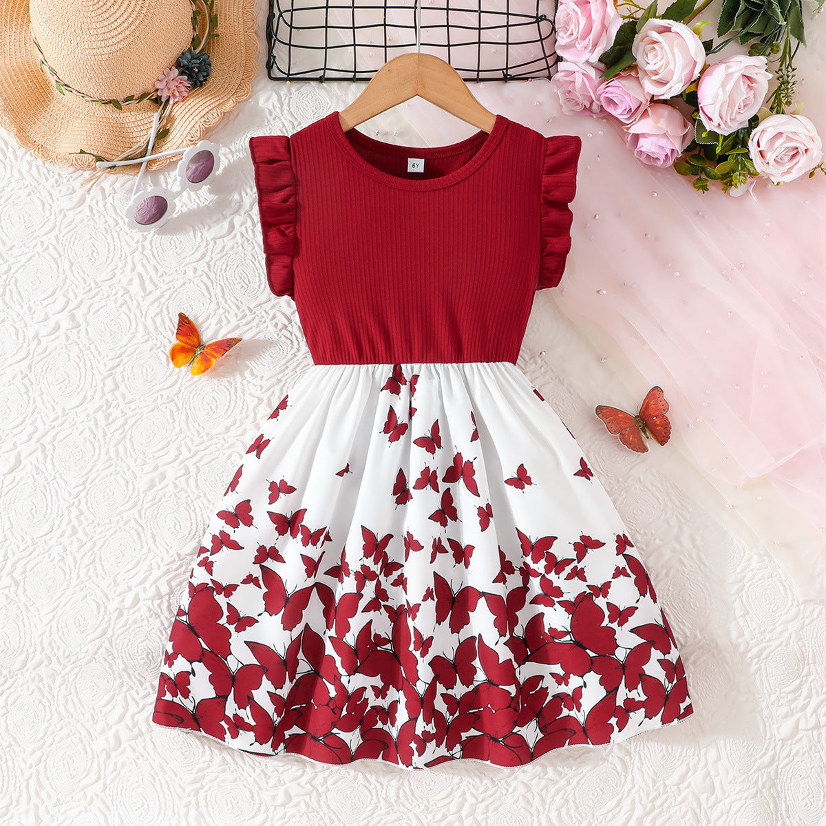 Short-sleeved Flounced Sleeve Sunken Stripe Stitching Butterfly Children's Dress