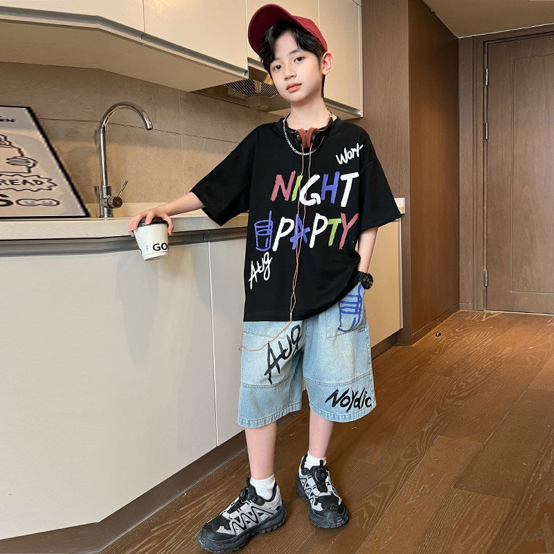 Short-sleeved Denim Medium Large Boy Thin Type Children's Suit