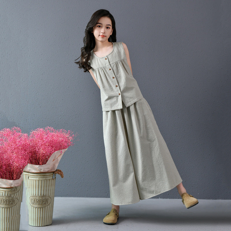 Pants Two-piece Fresh Artistic Culottes Striped Children's Suit