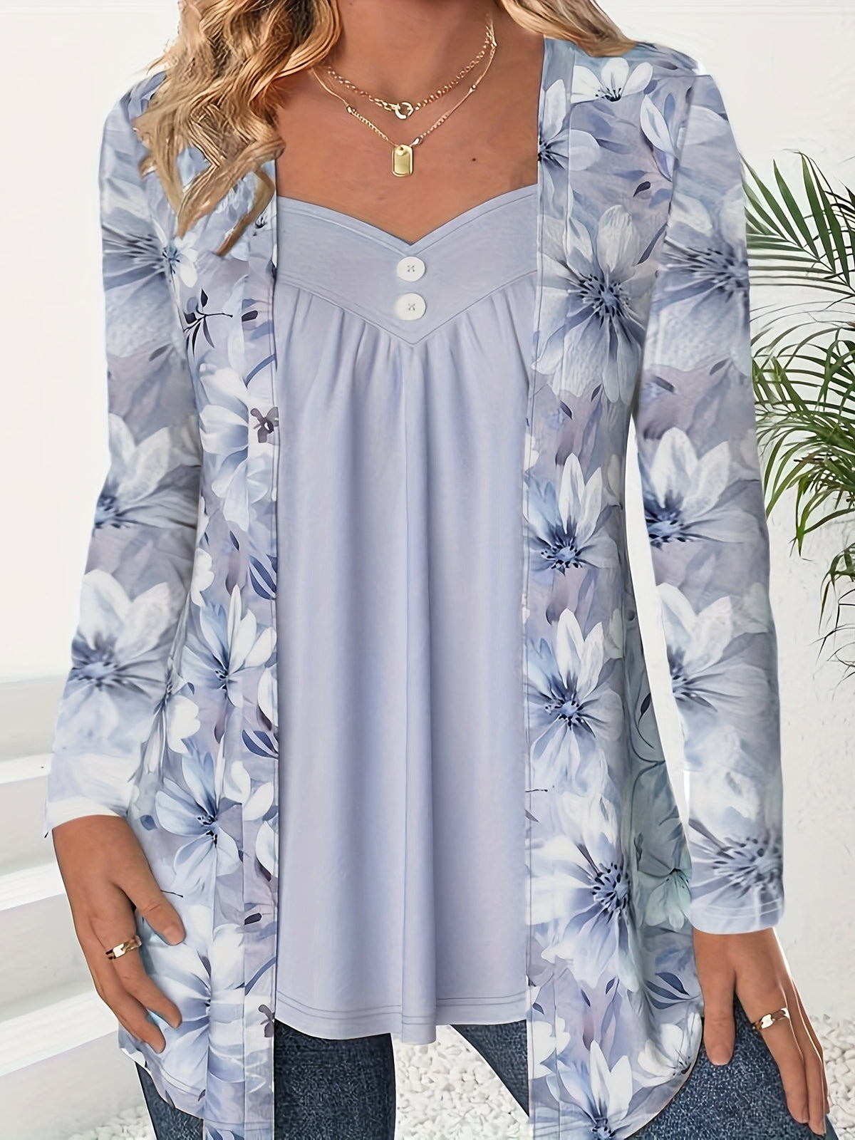 Women's Fake Two-piece Printed Fashion Button Long-sleeved Tops