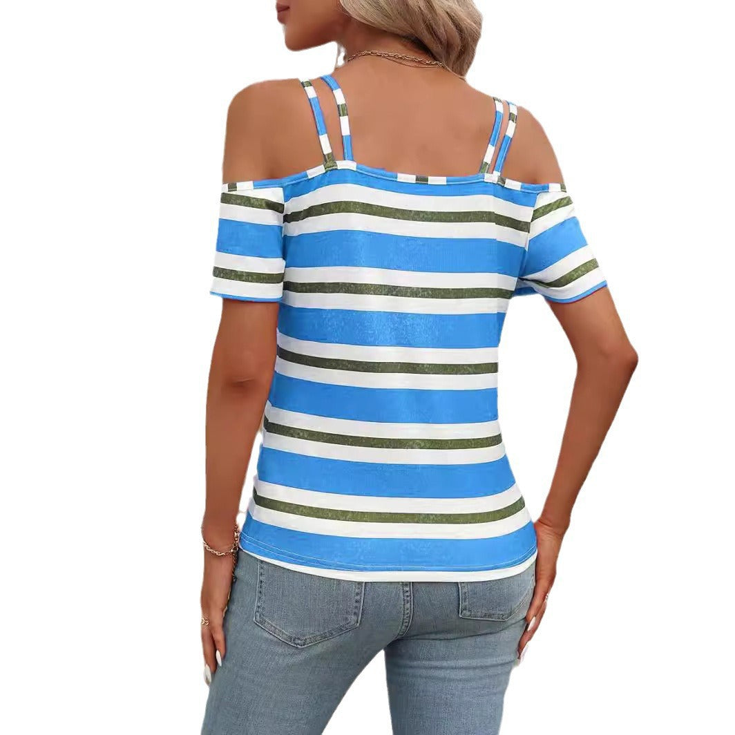 Women's Casual Contrast Color Striped Printed Strap Women's T-shirt