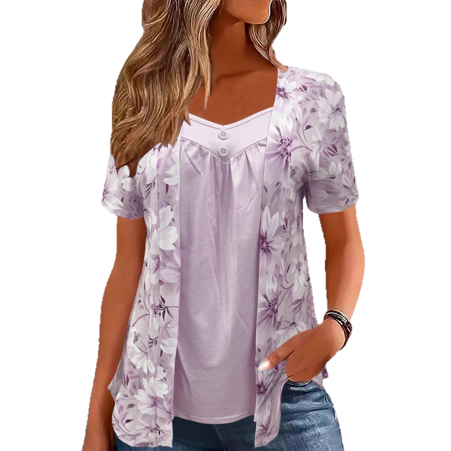 Women's Fake Two Pieces Sleeve Printed Fashion Large Size T-shirt