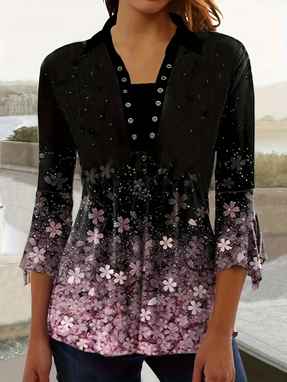 Autumn Print Polo Collar Irregular Sleeve Women's T-shirt