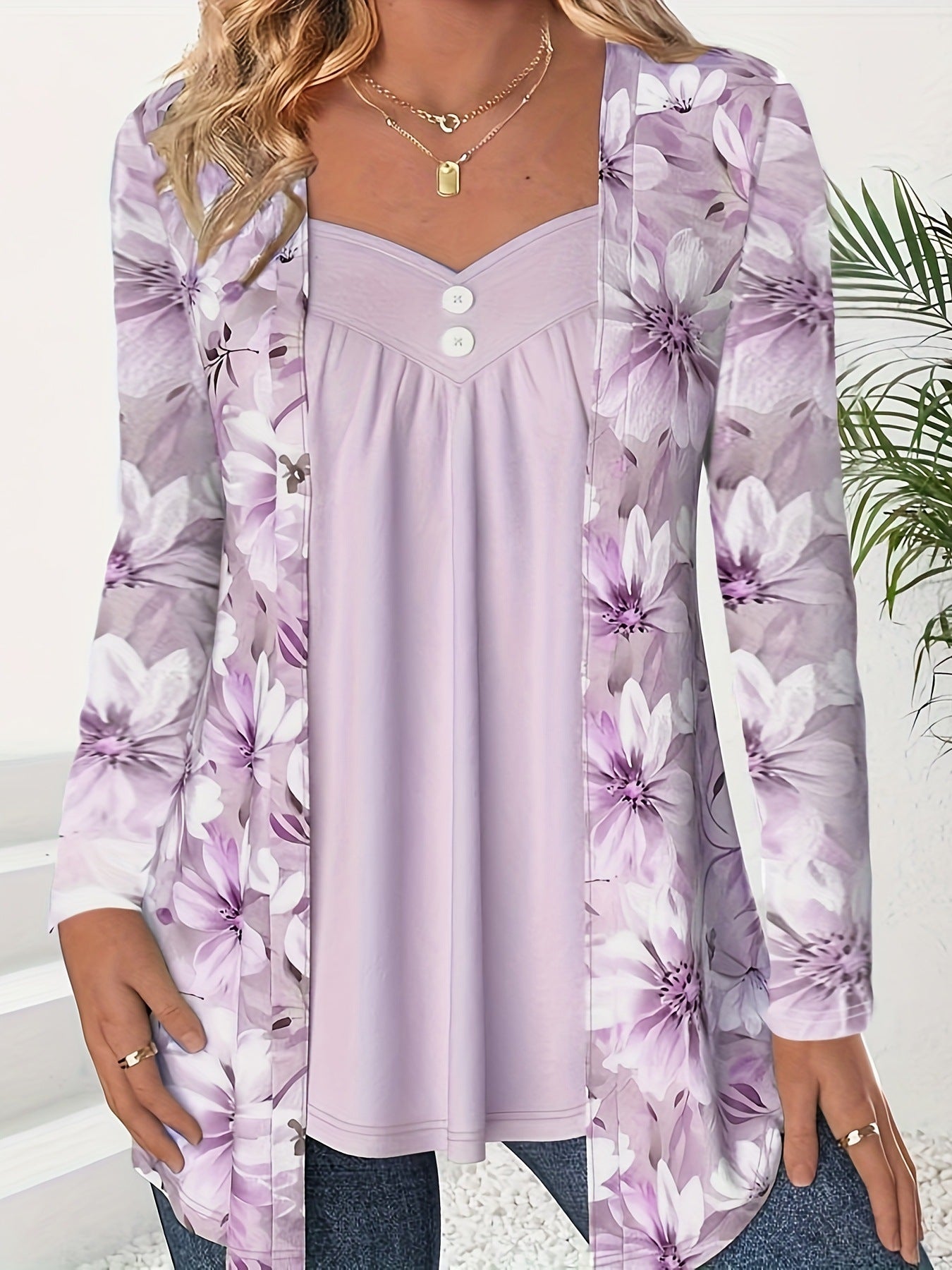 Women's Fake Two-piece Printed Fashion Button Long-sleeved Tops