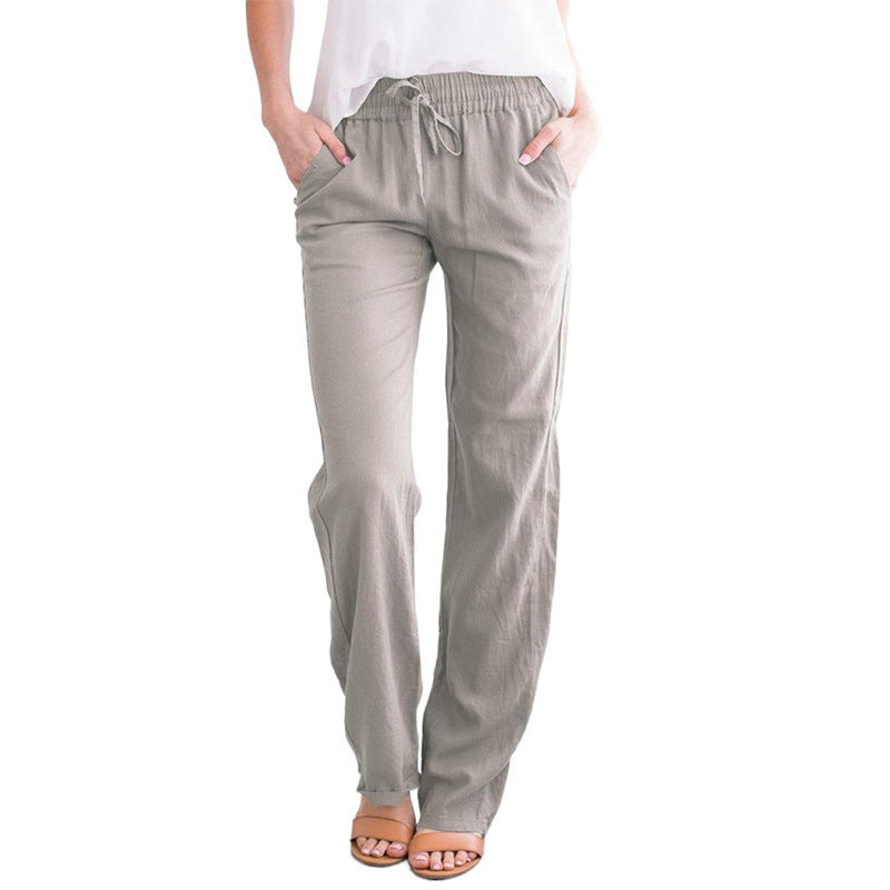 Women's Solid Color Cotton Linen Drawstring Loose Casual Pants