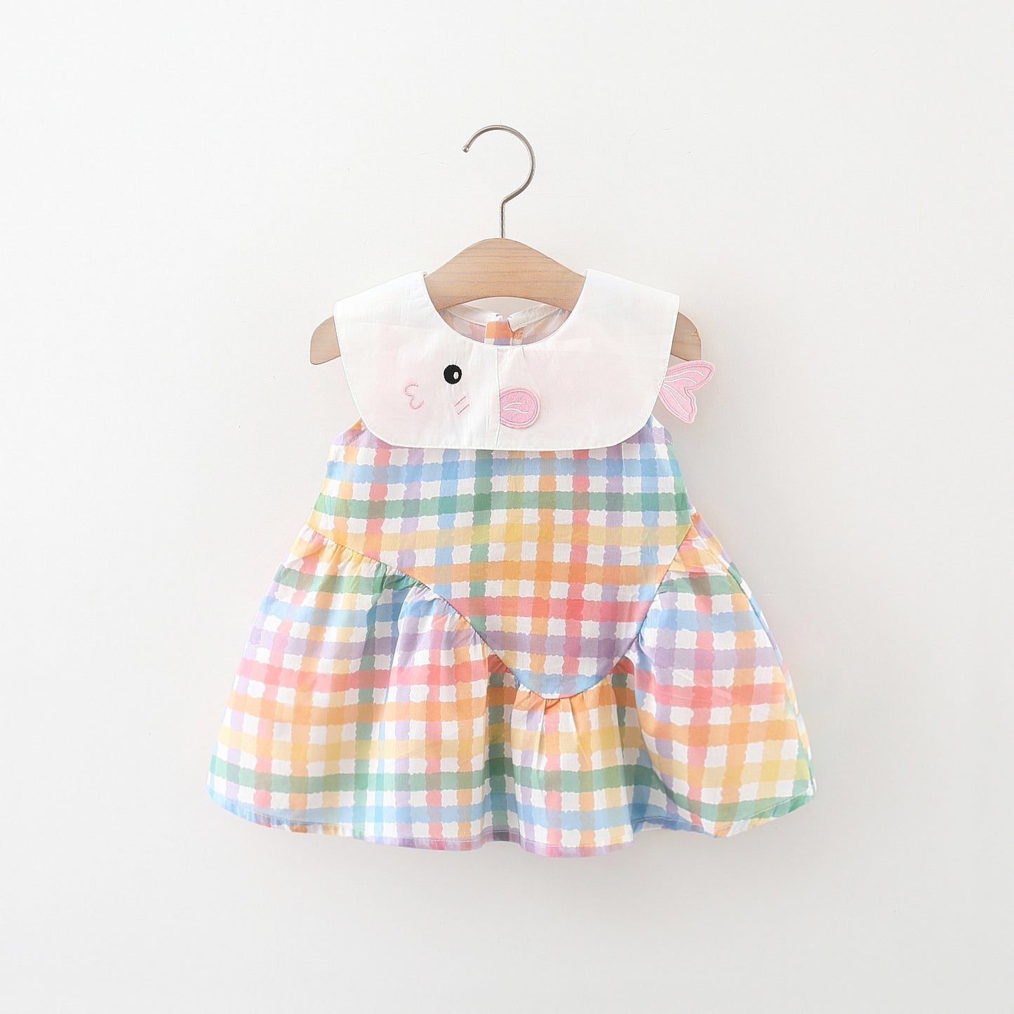 Cartoon Embroidered Collar Plaid Sleeveless Colorful Cotton Children's Dress