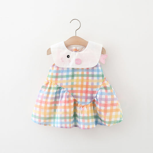 Cartoon Embroidered Collar Plaid Sleeveless Colorful Cotton Children's Dress