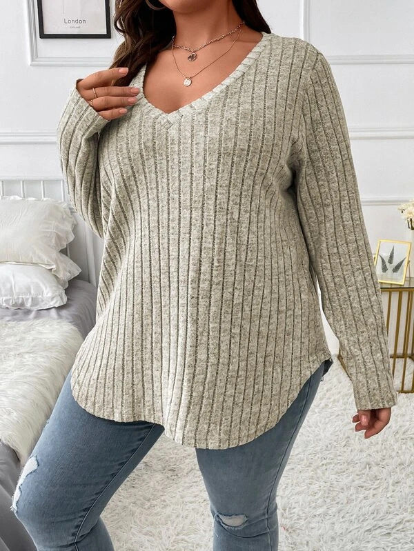 Women's Solid Color Clothes Long Sleeve Sunken Stripe Brushed Loose Tops