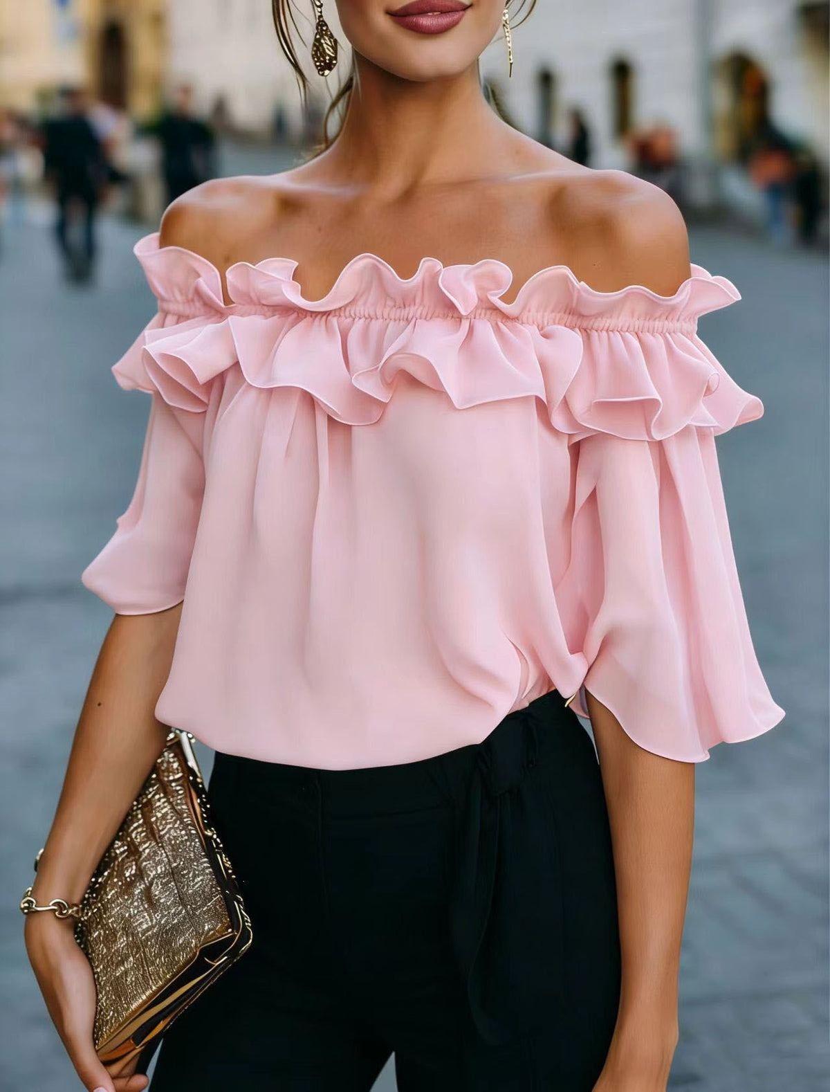 Women's Summer Fashion Fresh Pink Casual Ruffled Lace Shirt, Chiffon Shirt