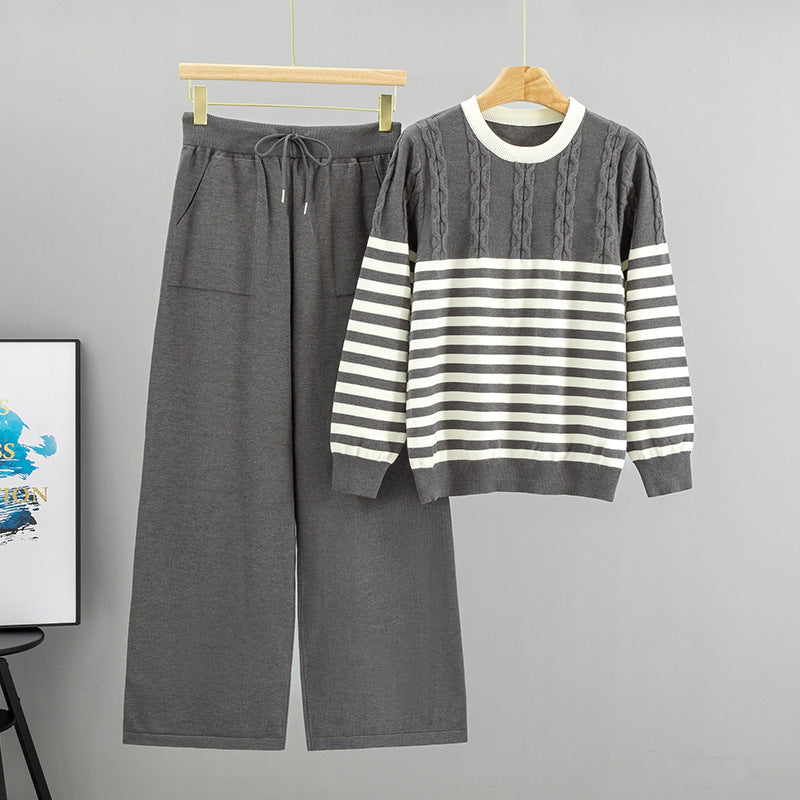 Women's Elegant Striped Pullover Cable Loose-fitting Wide Leg Pants