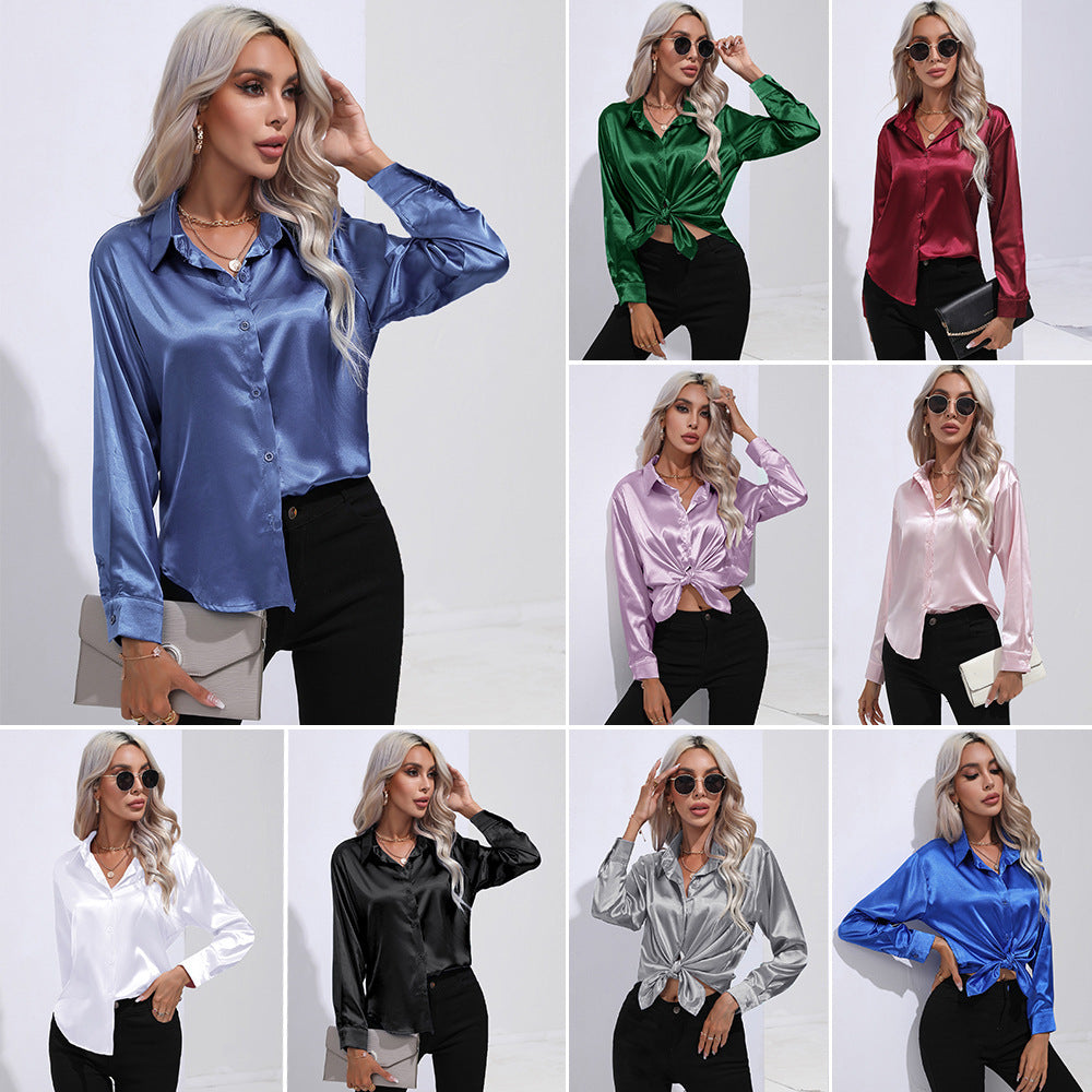 Glamorous Unique Women's Satin Shirt Long-sleeved Blouse