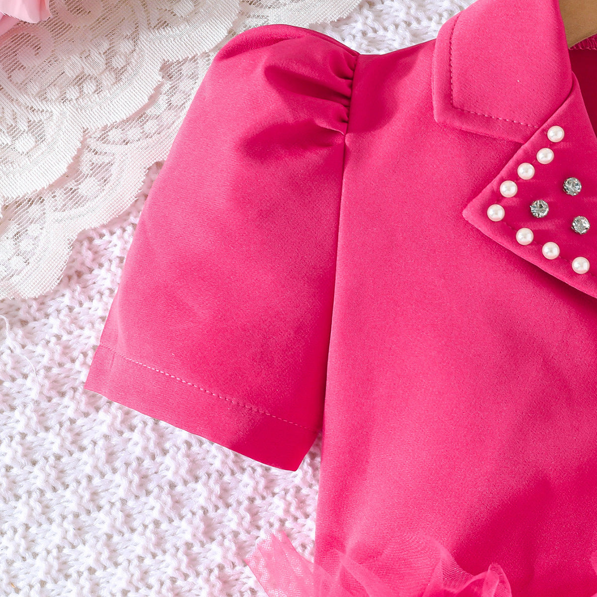 Summer Solid Color Collar Beaded Top Mesh Lace Children's Suit