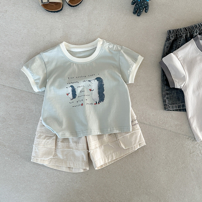 Summer Contrast Color Neckline Cartoon Print Short Sleeve Infant Versatile Children's T-shirt