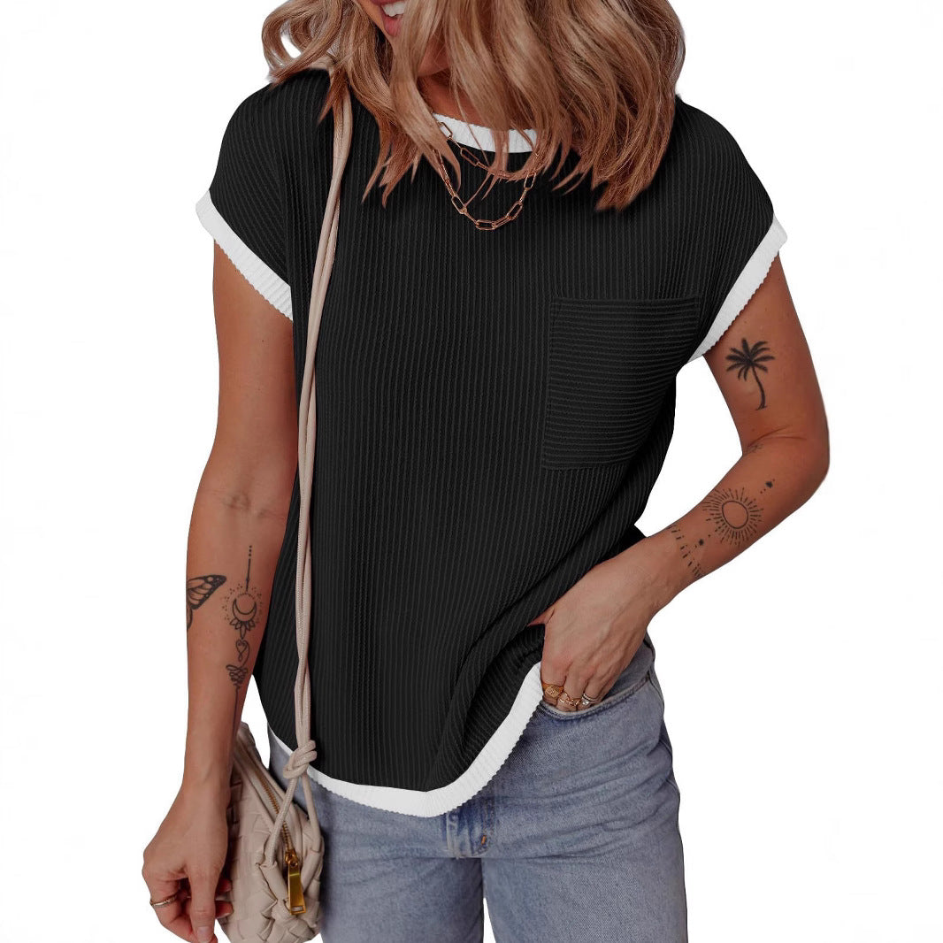 Women's Round Neck Knitted In Contrast Color Casual Twist Women's T-shirt
