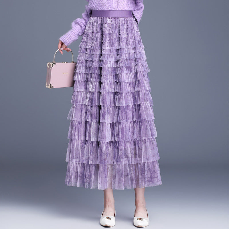 Women's Design Gradient Color Mesh Autumn Cake Dress A- Skirt