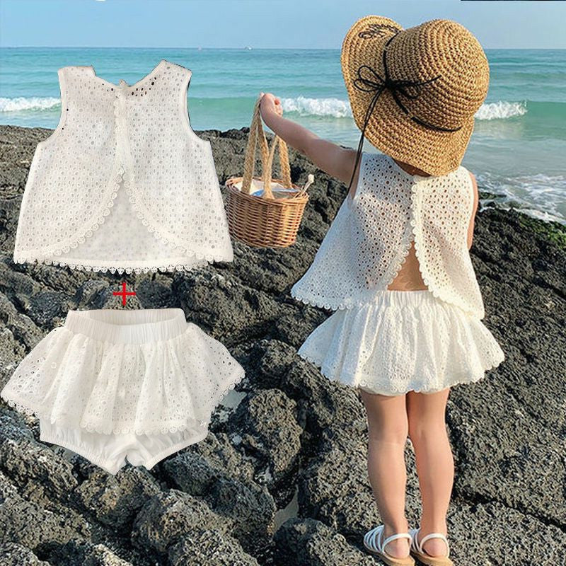 Summer Western Style Cool Popular Korean Hollow Lace Vest Short Children's Suit