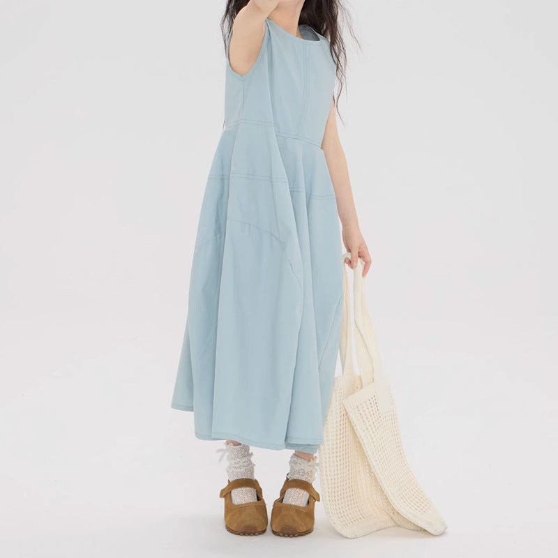 Children's Cotton High-grade Summer French Vest Skirt Blue Temperament Long Children's Dress