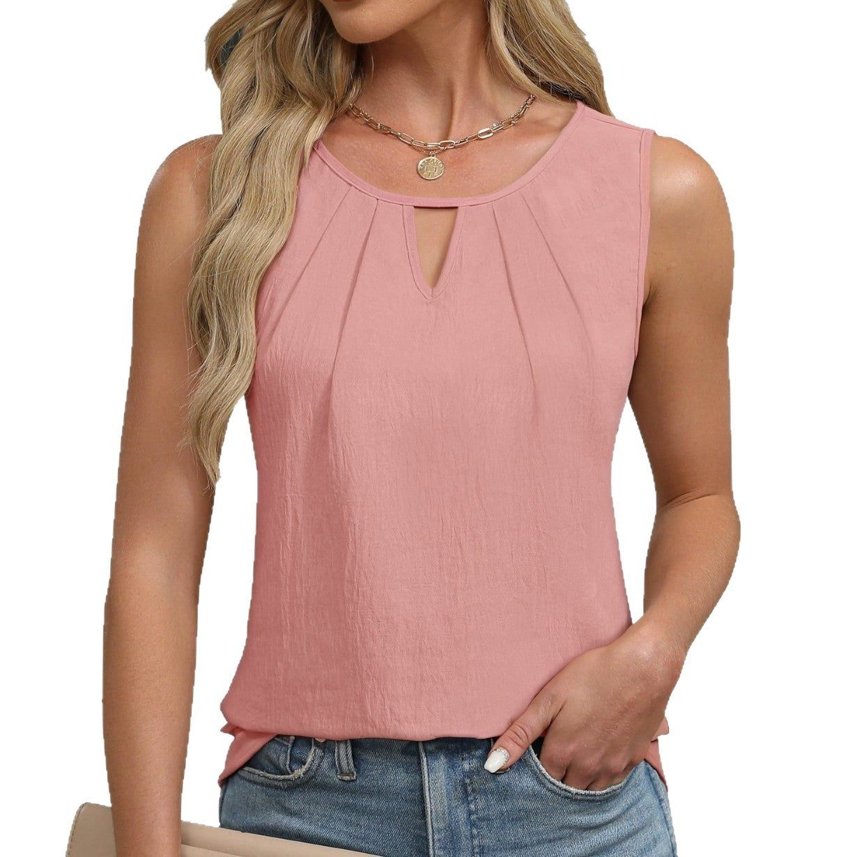 Women's Summer Pleated Solid Color Hollow Sleeveless Women's T-shirt