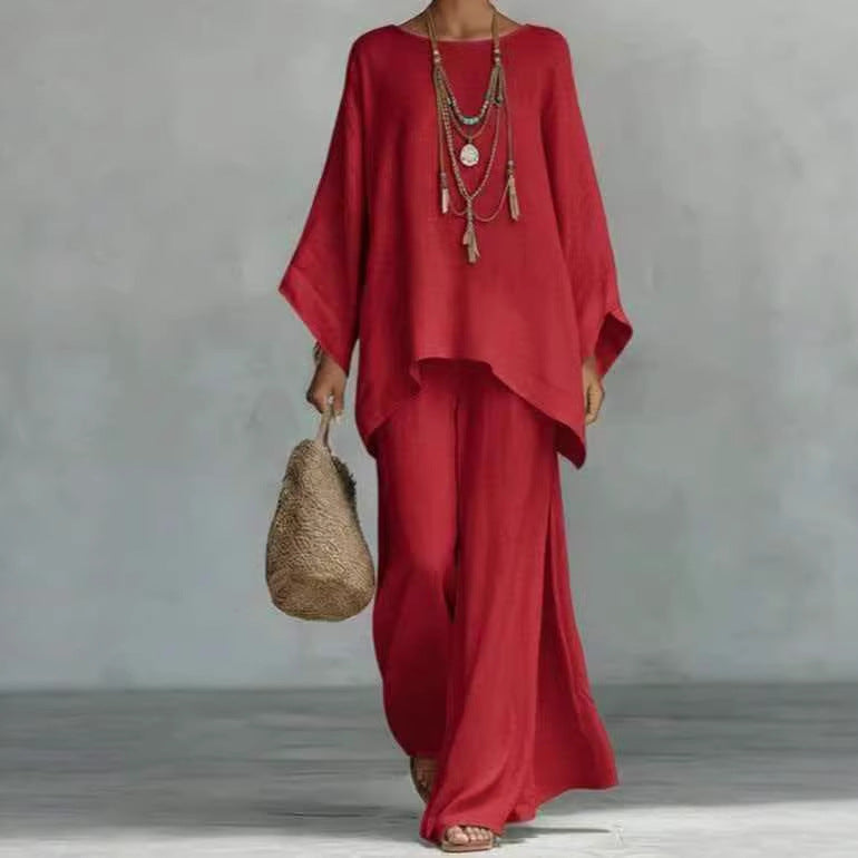 Women's Loose Linen Blended Solid Color Shirt Wide Fashion Casual Suit