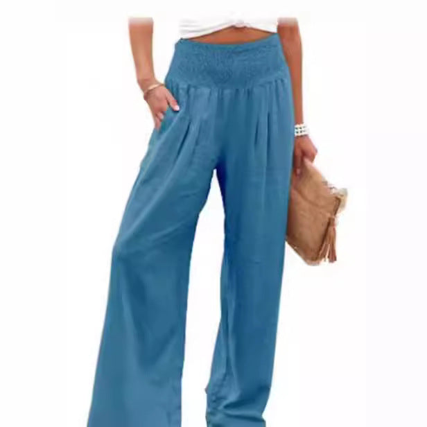 Women's Cotton Linen Pure Color Elastic Waist Wide Leg Casual Pants