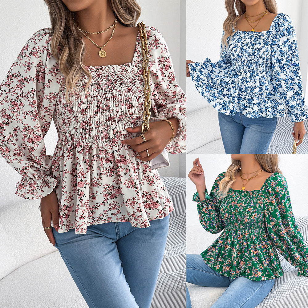 Women's Casual Square Collar Bell Sleeve Floral Blouses