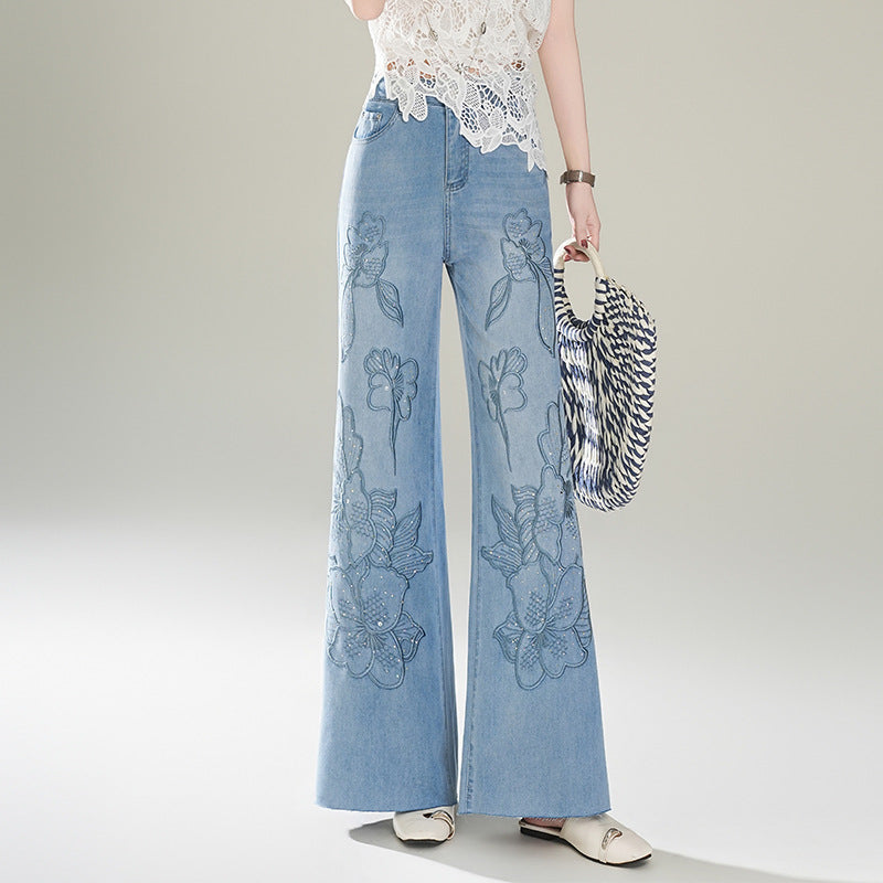 Embroidered Hot Fix Rhinestone Personalized Lengthened Mop Casual Pants