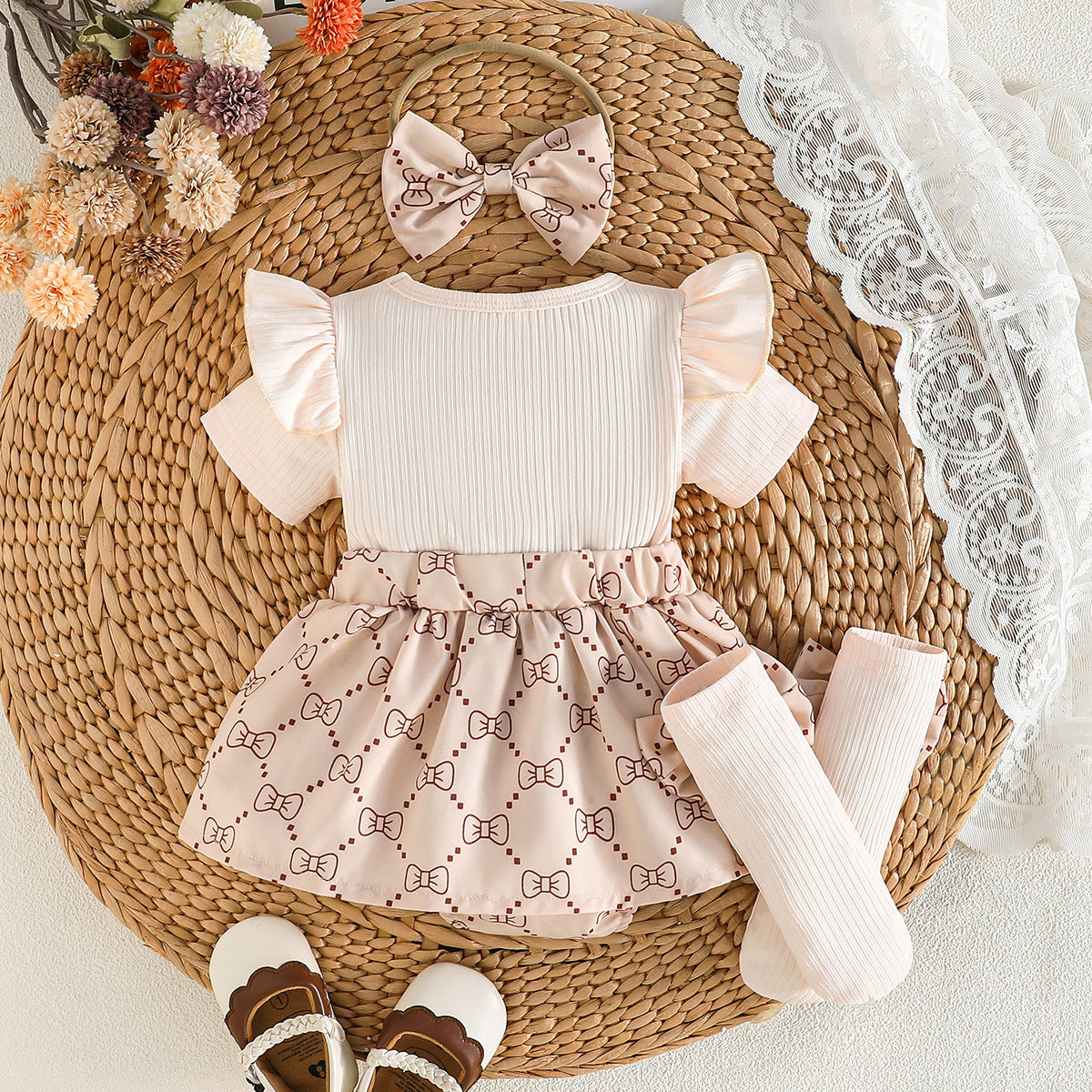 Sunken Stripe Flounced Sleeve Romper Same Color Jumpsuit, Climbing Suit