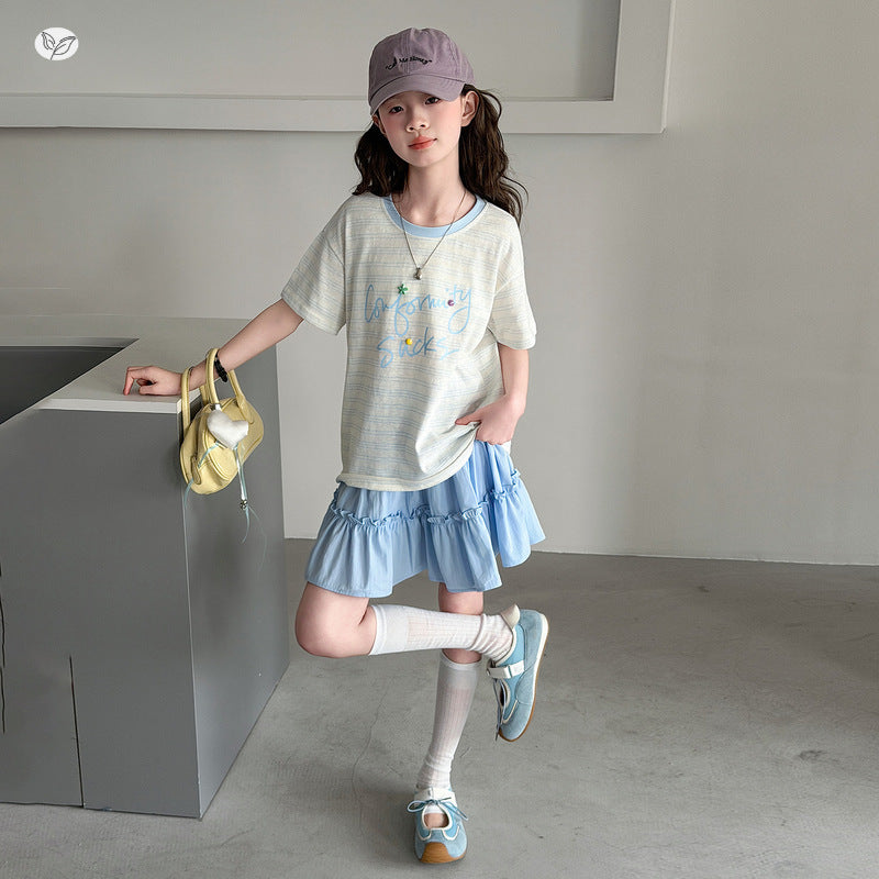 Summer Clothing Middle Big Sweet Stripes T-shirt Lace Skirt Short Children's Suit