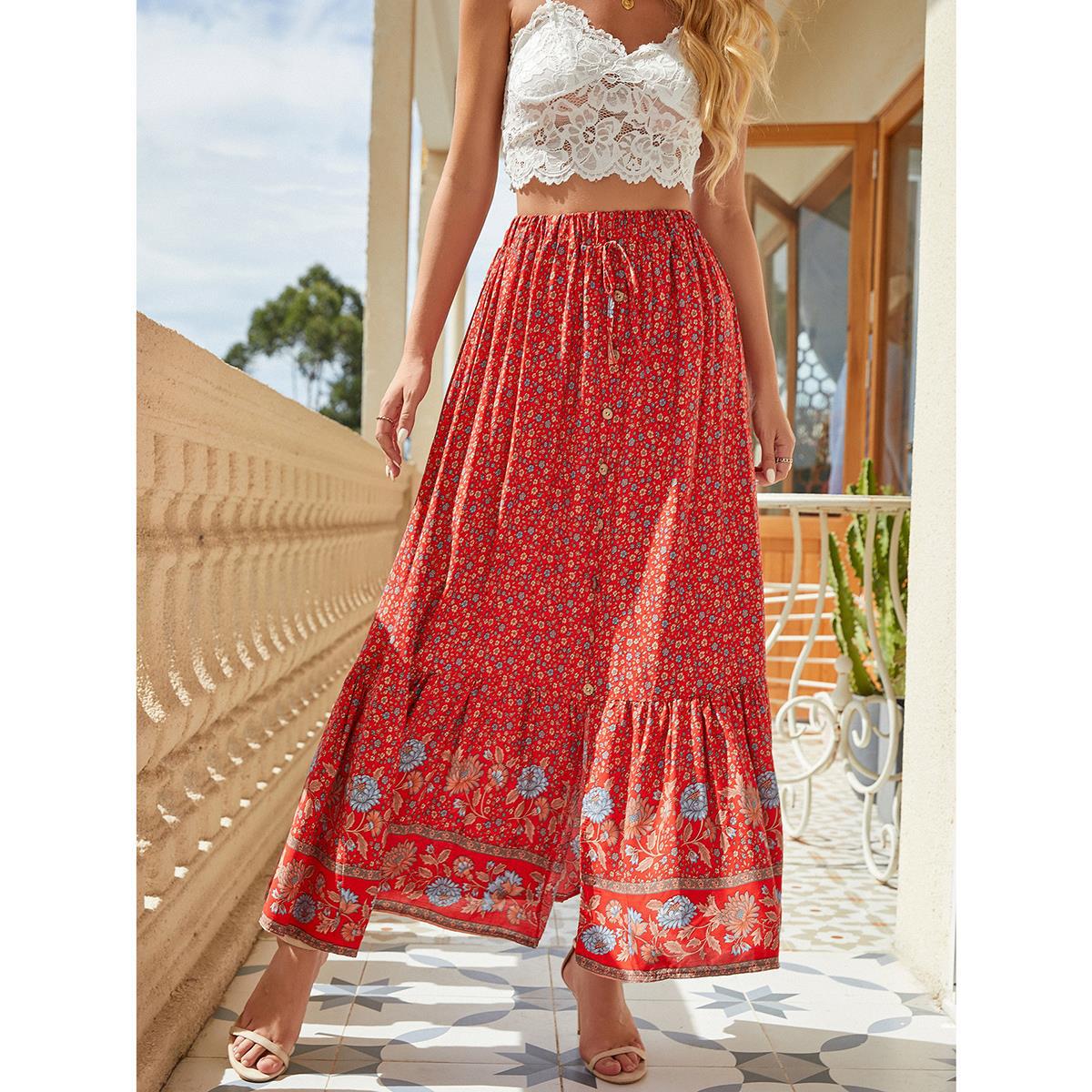 Women's Summer High Waist Print Breasted Split Skirt