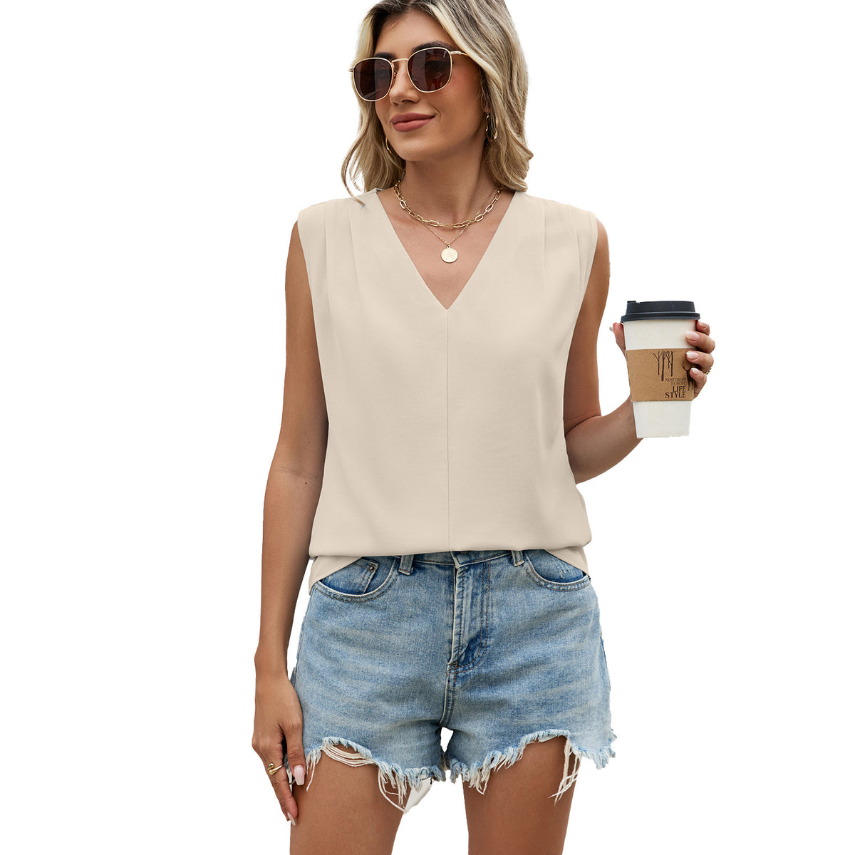 Summer Solid Color Loose Pleated Sleeveless Lace Shirt, Chiffon Shirt