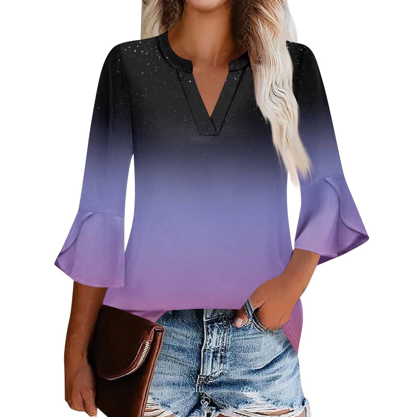 Women's Shirt Petal Sleeve Fashion Printed Loose Blouse