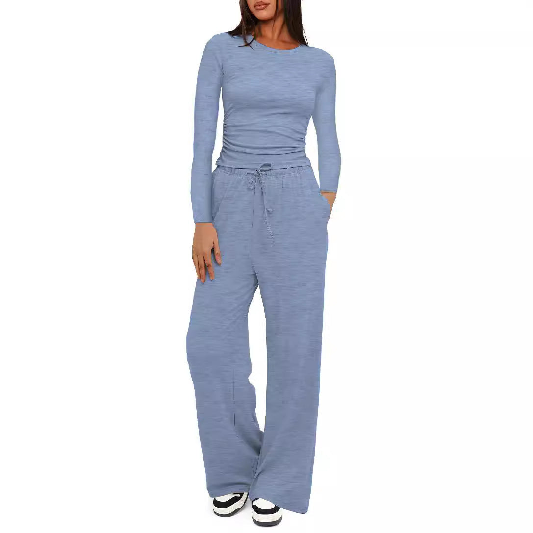 Solid Color Long Sleeves Outfit High Waist Wide Leg Fashion Casual Suit