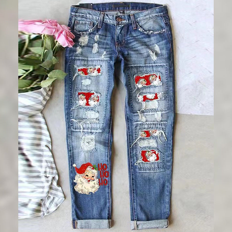 Women's Fashion Holes Printed Patch Straight Jeans