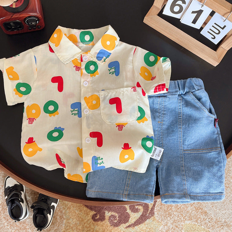Children's Summer Clothing Shirt Outfit Handsome Clothes Short-sleeved Travel Out Children's Suit