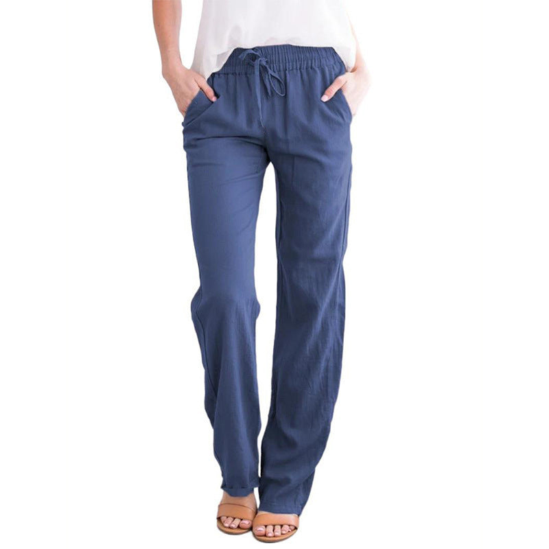 Women's Solid Color Cotton Linen Drawstring Loose Casual Pants