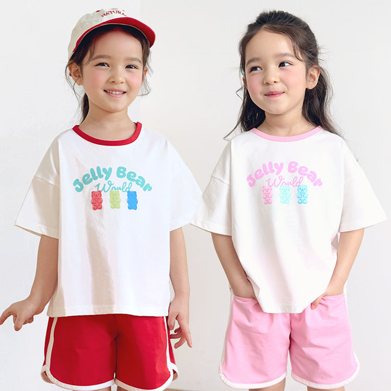 Children's Solid Color Bear Printing Two Casual Fashion Fashionable Short Children's Suit