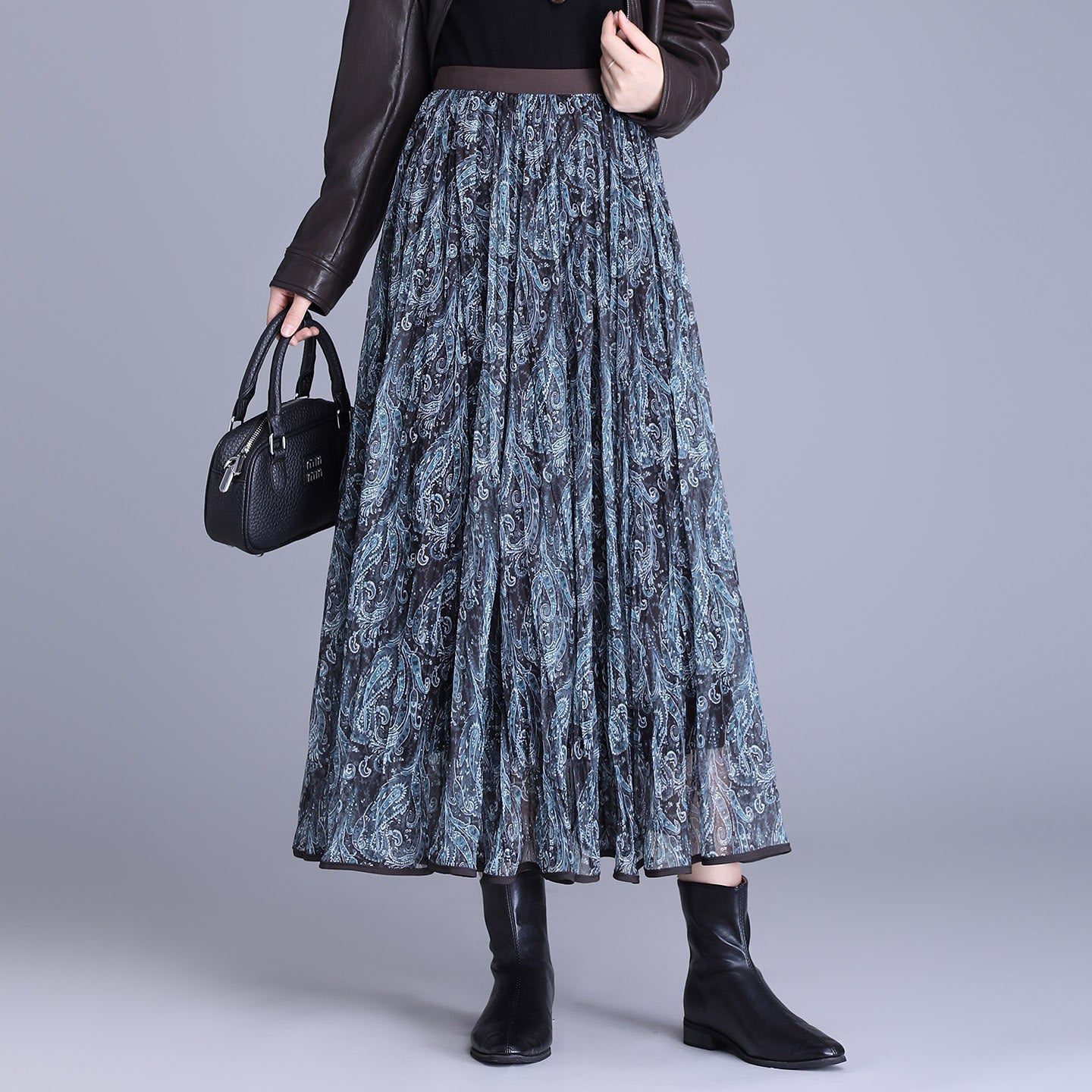 Purple Floral Pleated Autumn Slimming High Waist Crimp Skirt