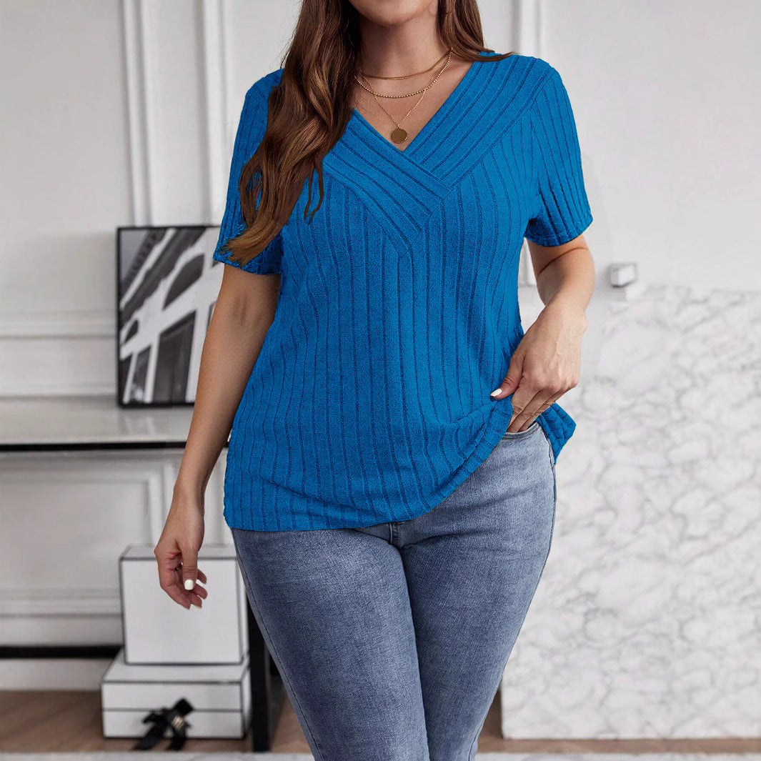 Spring Sleeve Brushed Sunken Stripe Solid Color Large Size T-shirt