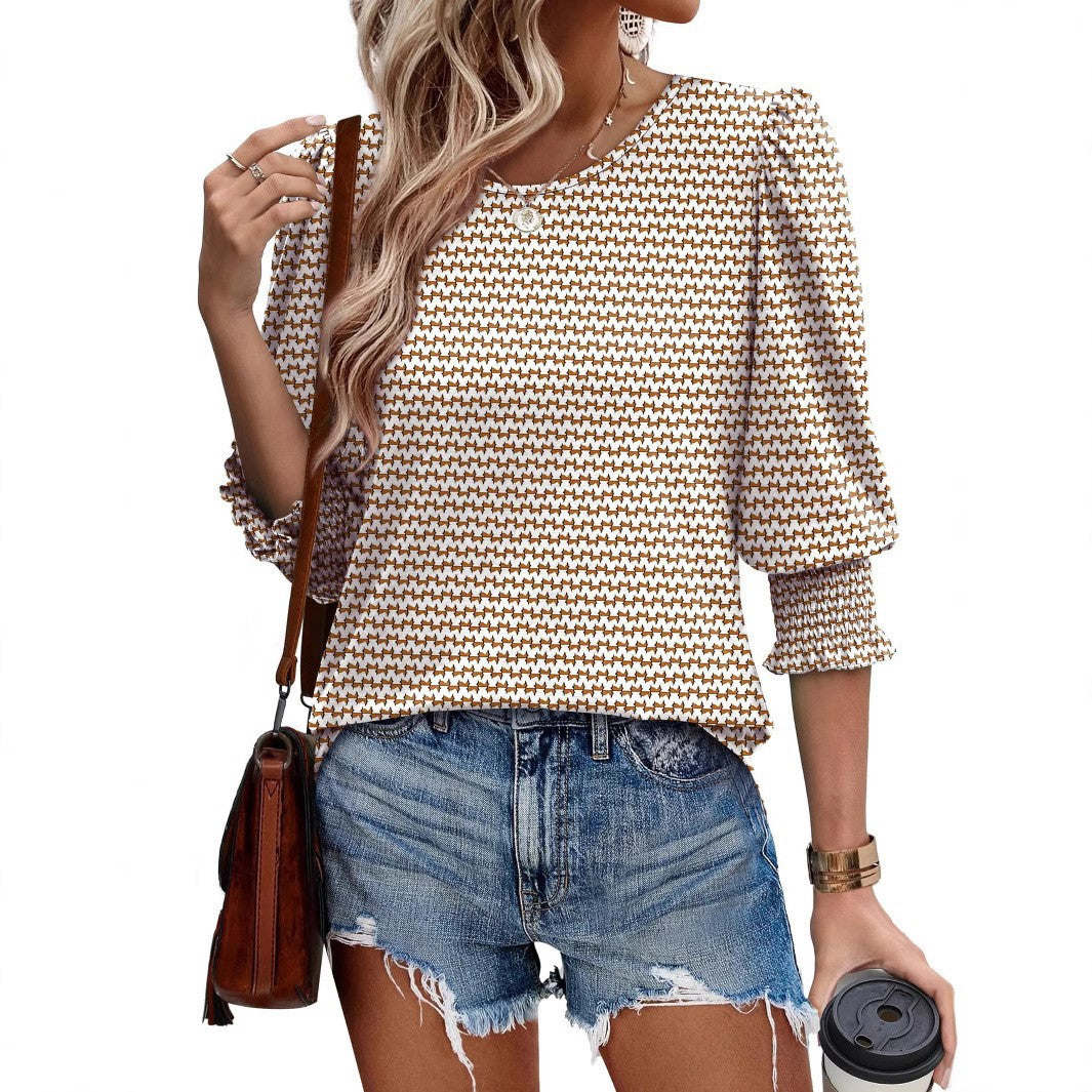 Women's Summer Smocking 7-point Sleeve Round Neck Women's T-shirt