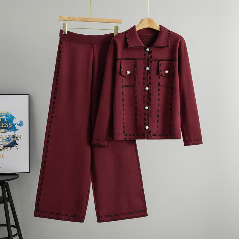 Women's Knitted Long Sleeve Plaid Loose Trousers Two-piece Fashion Casual Suit