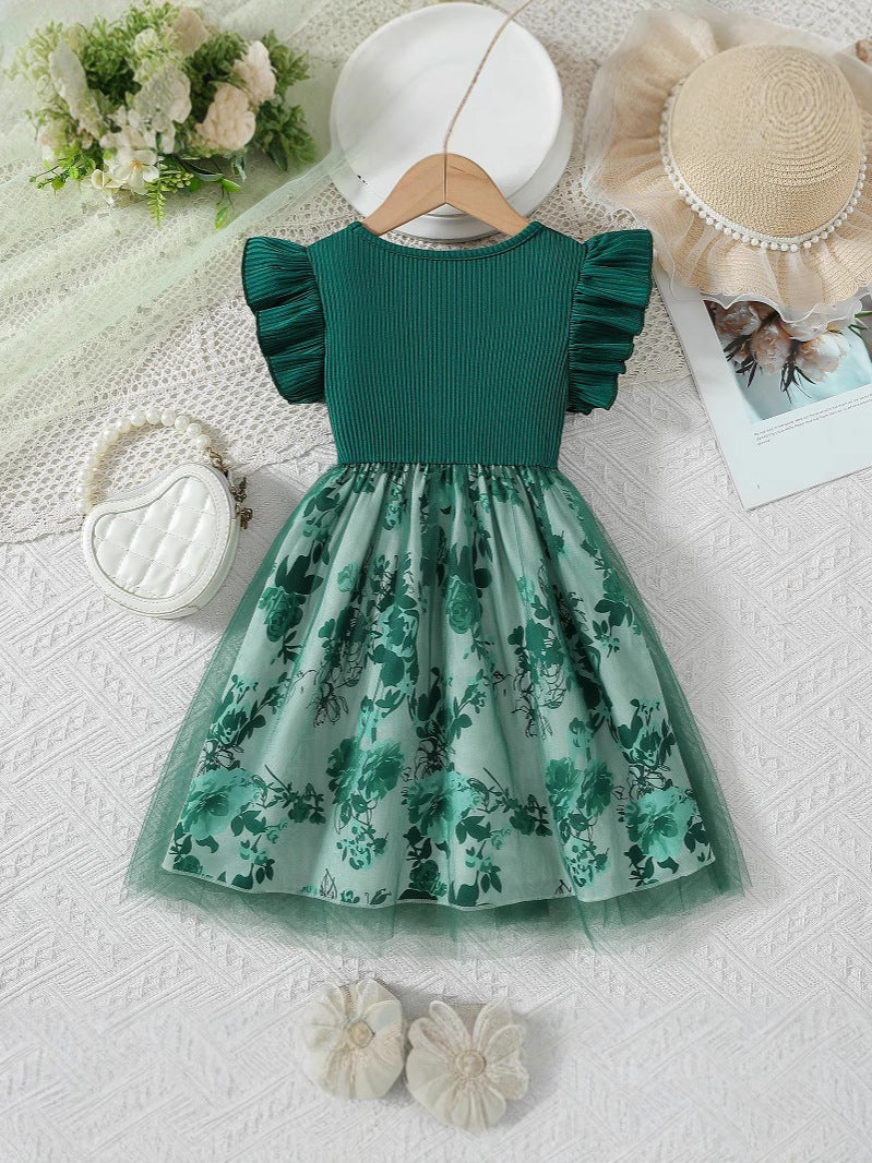 Flounced Sleeve Fake Two-piece Bow Print Stitching Children's Dress