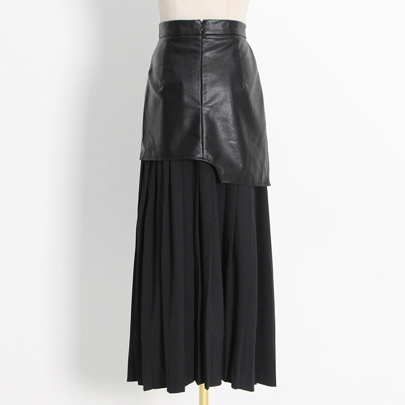 Women's Korean Style Leather Stitching Contrast Colors Skirts