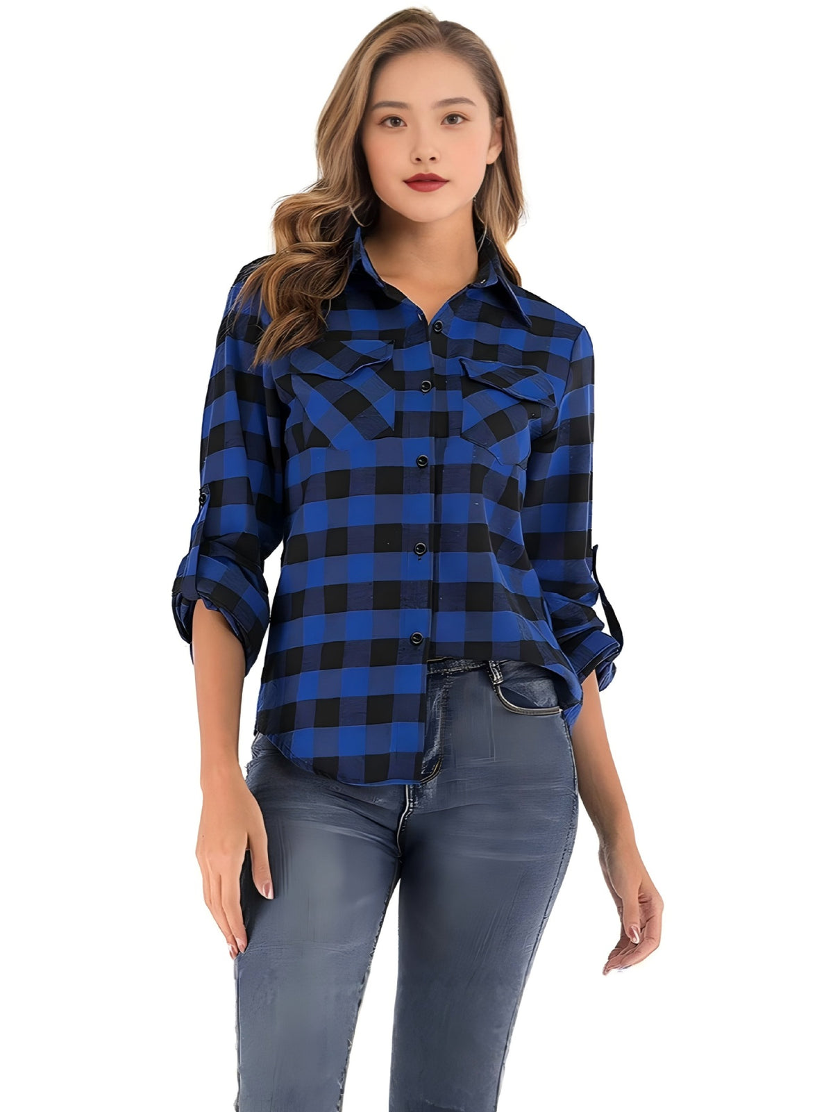 Women's Plaid Shirt Lapel Casual Fashion Double Pocket Long Blouse