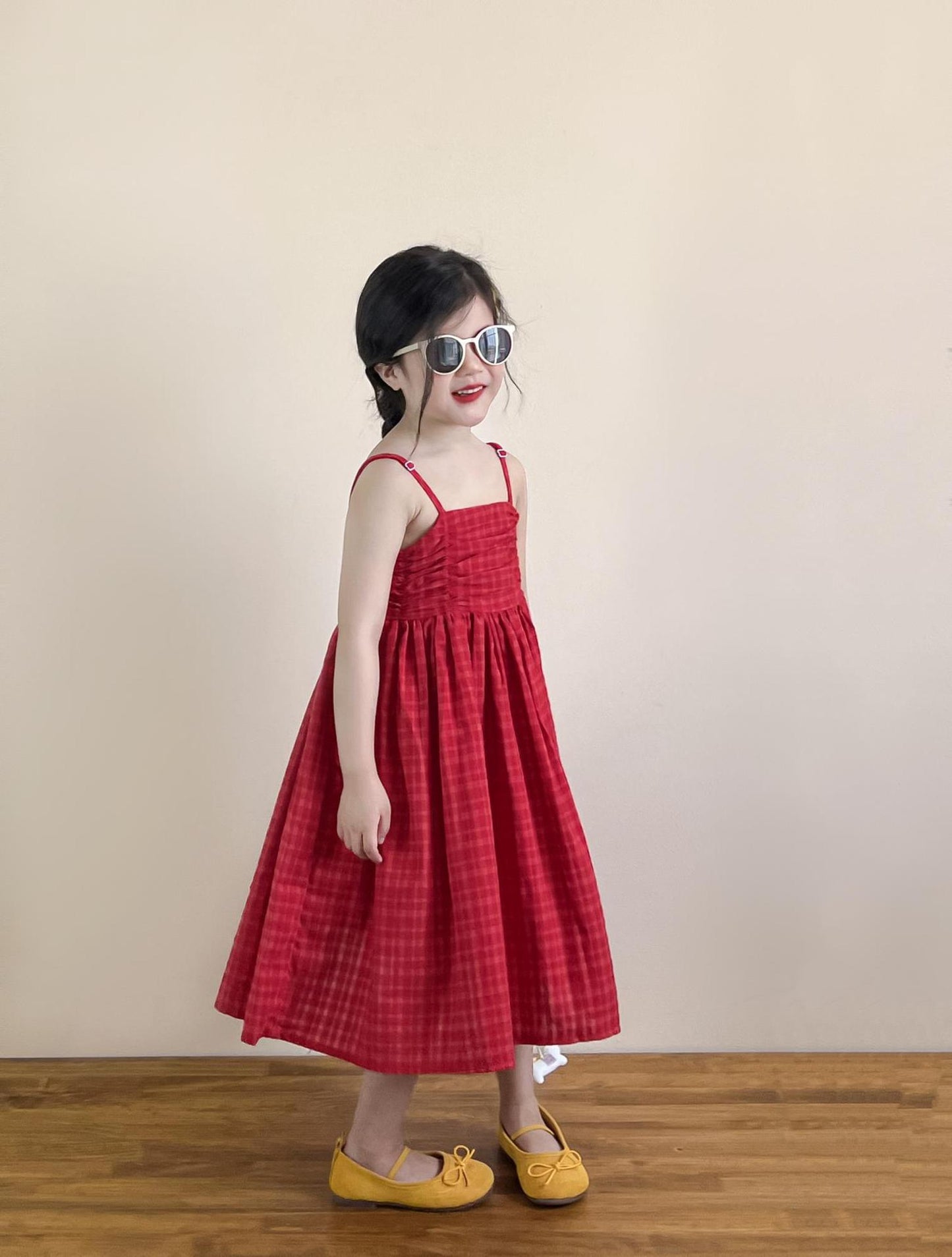 Vacation Style Red Plaid Sling Adjustable Large Skirt Vest Sleeveless Children's Dress