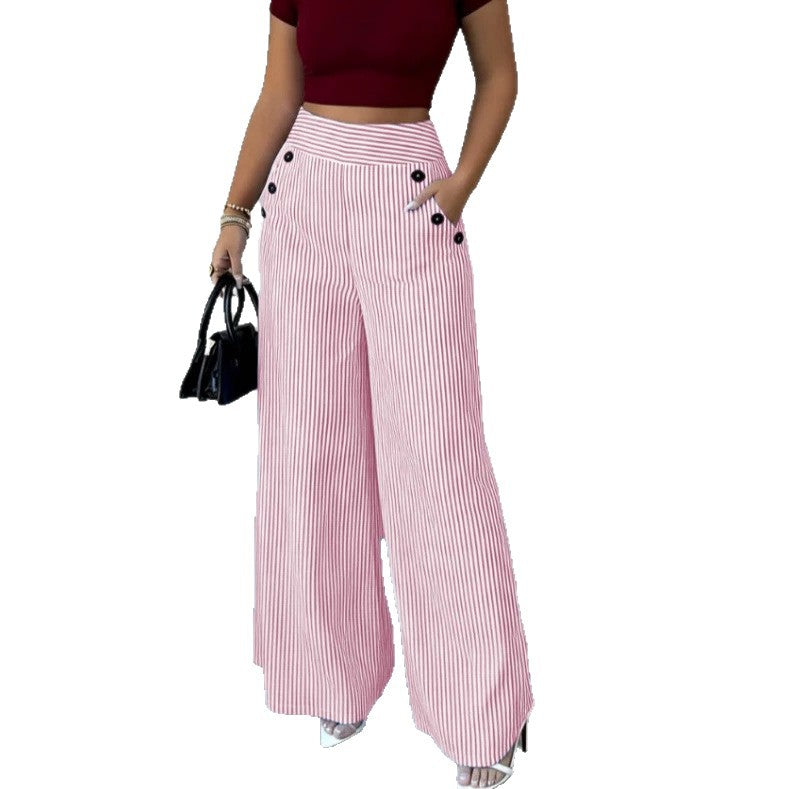 Women's Waist Wide Leg With Vertical Stripes Thin Casual Pants