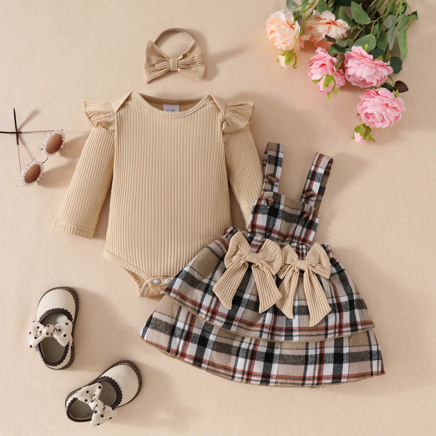 Stripe Long-sleeved Shirt Plaid Dress Hair Band Three-piece Children's Suit