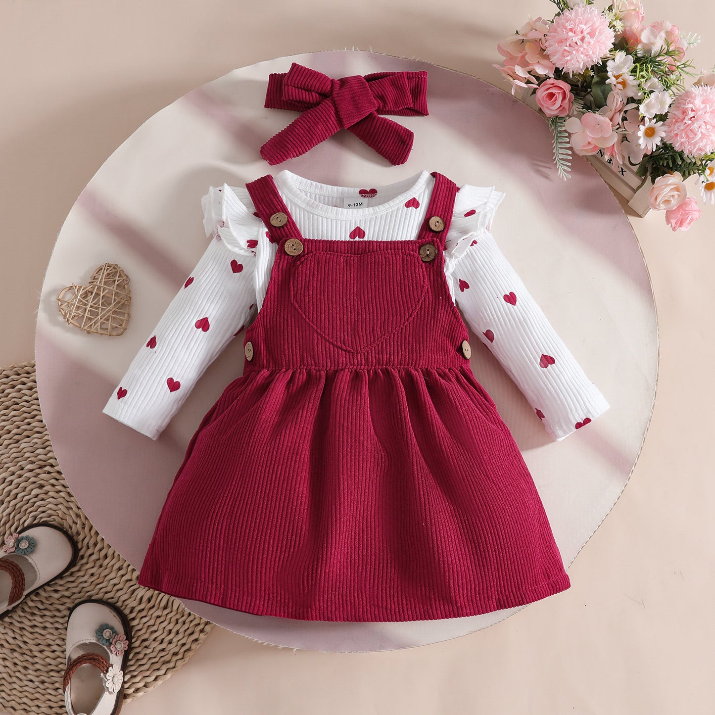 Set Long Sleeve Love Triangle Rompers Corduroy Suspender Skirt Children's Suit