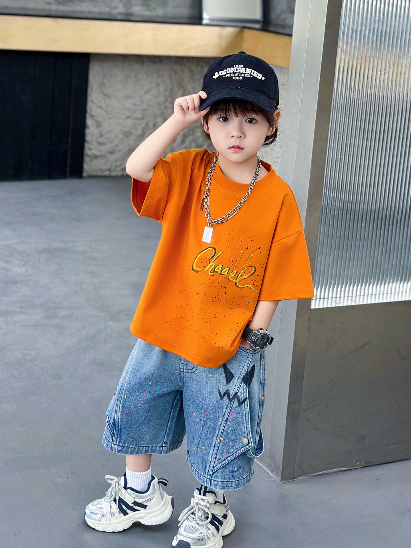 Children's Summer Short-sleeved Korean Denim Shorts Two-piece Fashionable Children's Suit