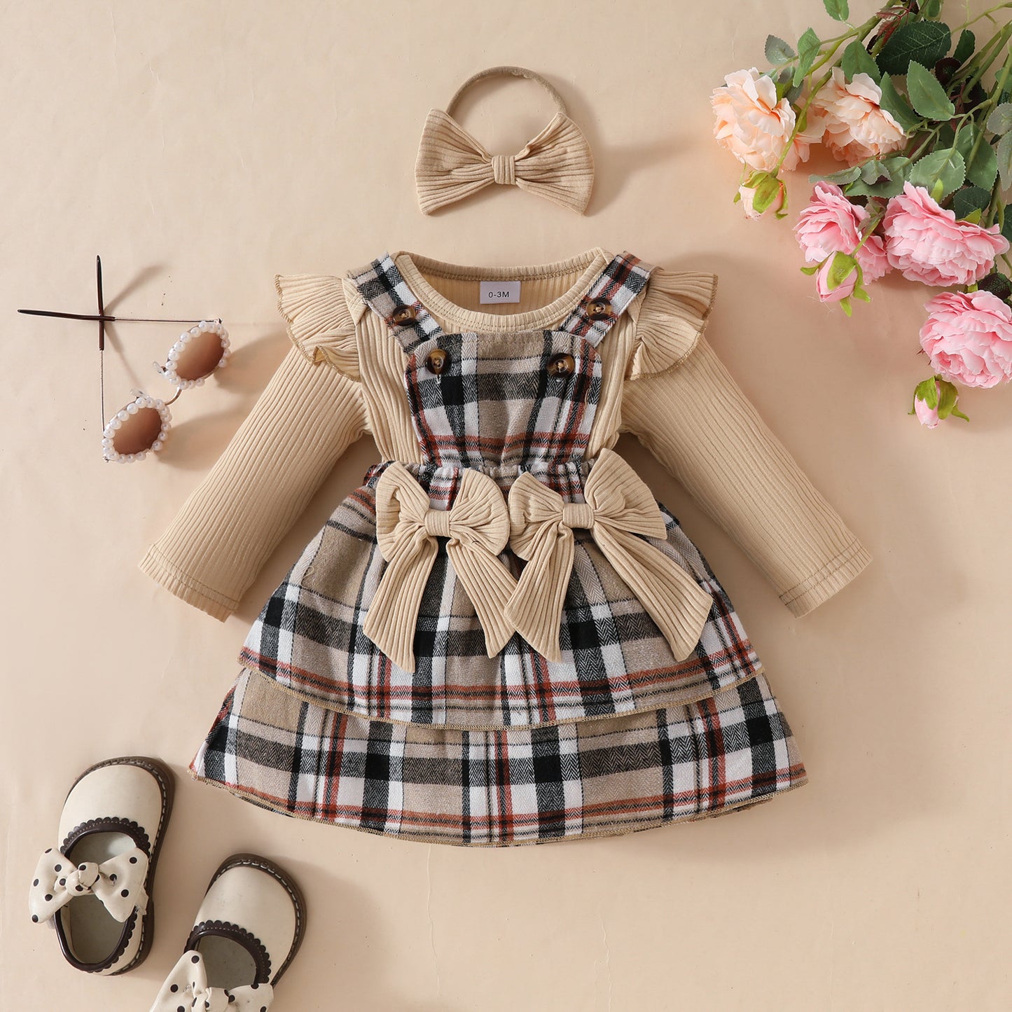 Stripe Long-sleeved Shirt Plaid Dress Hair Band Three-piece Children's Suit